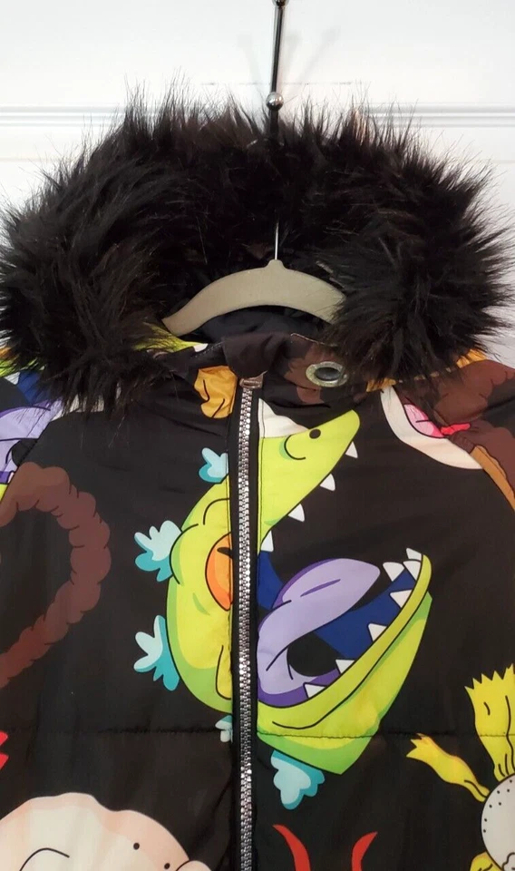 Rugrats Nickelodeon Full Silver Zipper Puffer Coat Fur Hood Members Only Sz M - Image 4 of 4