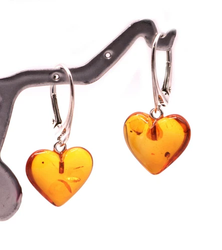 Heart Shape Baltic Amber Dangle Earrings Cognac Color Sterling Silver 925