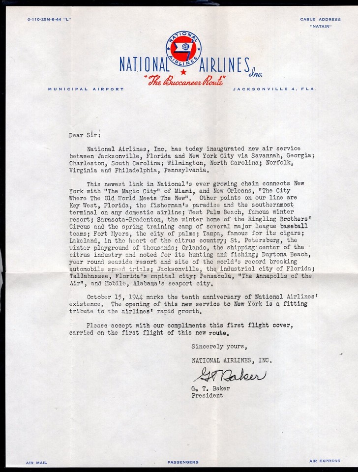 USA 1944 First Flight Cover Jacksonville FL to New York National