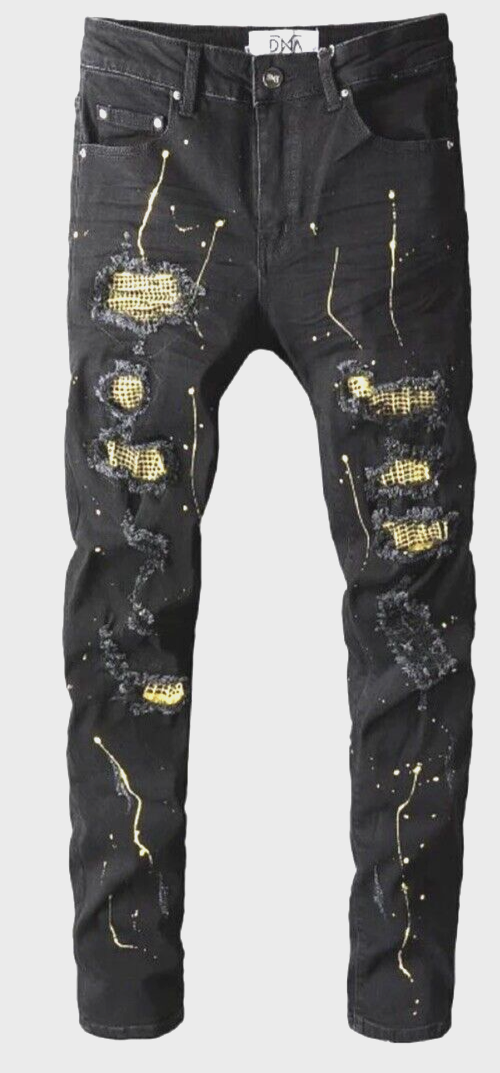 Mens DNA Denim City Black & Yellow Patch Rhinestone Stone Washed