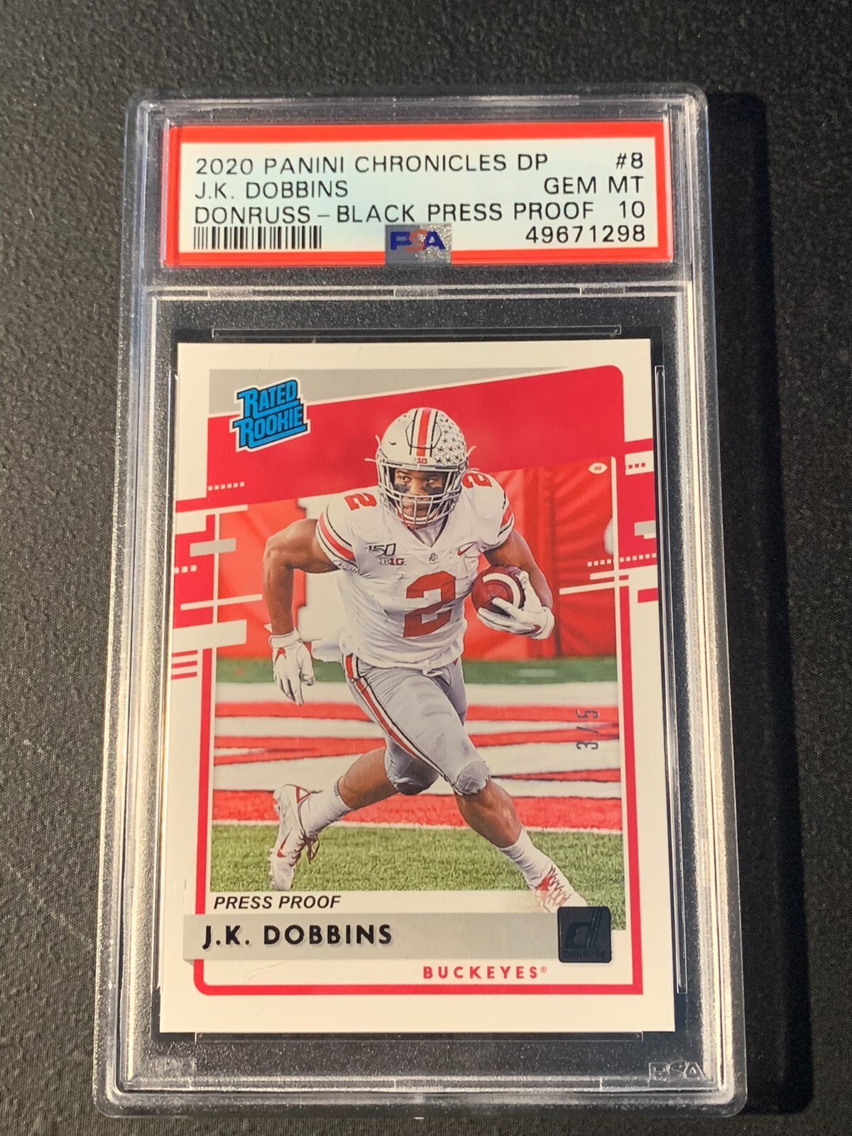 JK Dobbins Panini Chronicles Draft Picks Donruss Rated Rookies #8 Black Press Proof