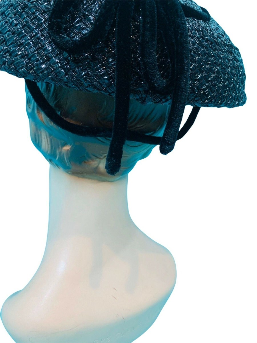 Vintage 1950s Wicker Hat Womens Large Black Sun Velvet  display picture 1