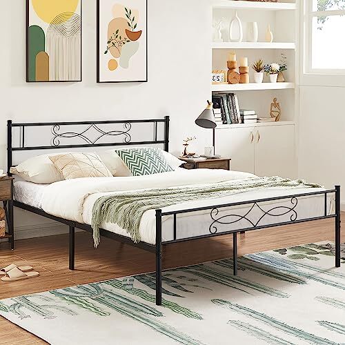 Size Metal Platform with Headboard/Steel Slat Support/No Queen Black Bed Frame