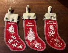 3 Vintage Style Red Felt Merry Christmas stockings Jingle Bells Santa Reindeer 
