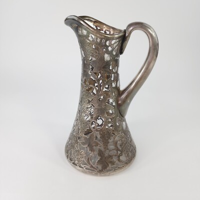 VTG Alvin 999 STERLING antique Silver Overlay Glass Pitcher 9'' Vase 3802