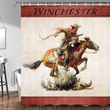 WINCHESTER Shower Curtain Set Horse  Cowboy Western Bathroom Decor w/ 12 rings