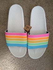 NWT VICTORIA'S SECRET PINK SLIDES WHITE RAINBOW STRIPES