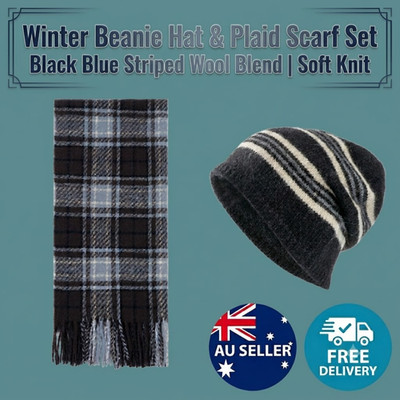 Winter Beanie and Plaid Scarf Set Wool Blend Knit Hat Cold Weather 