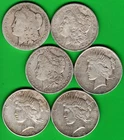 6 CIRCULATED U.S. .9000 SILVER $1.00/DOLLARS, 3 MORGAN & 3 PEACE, GOOD+/FINE.: