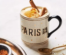 Anthropologie Bistro Tile Mug "PARIS" 24K Gold Decaled Glazed Stoneware New