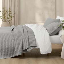 100 Cotton Quilt Queen Stitch Bedding Set, Heather Grey Bedspread with 2 Pil...