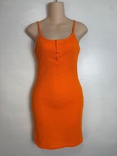 Orange Ribbed Bodycon Mini Dress Spaghetti Strap Stretch Vacation