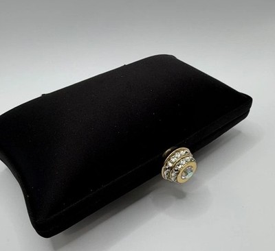 Vintage Carlo Fellini Black Satin Clutch Gold Chain Rhinestone Kisslock