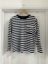 Women’s M&S Navy White Striped Long Sleeve T-Shirt Top Size 14 Pure Cotton