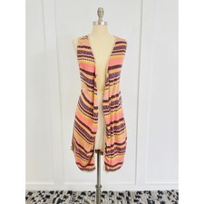Say What? Women's Cardigan Vest Medium Pink Striped 70’s Boho Hippie Made in USA