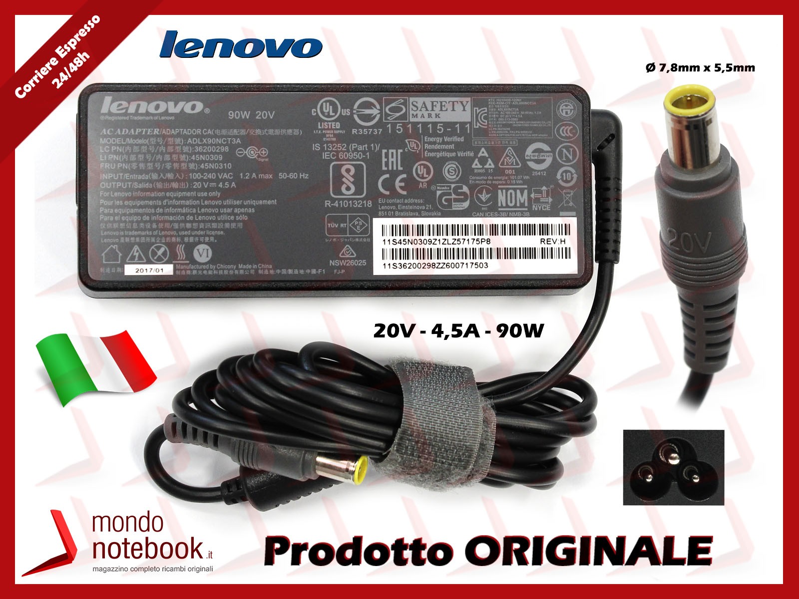 Genuine LENOVO ThinkPad 90W 20V Laptop Charger ADLX90NCT3A 7.8x5.5mm