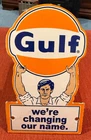 VINTAGE GULF OIL GAS GASOLINE WERE CHANGING OUR NAME PORCELAIN SIGN