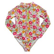 Betsey Johnson Girls Floral Long Sleeve Rash Guard Swimsuit One Piece Size 12