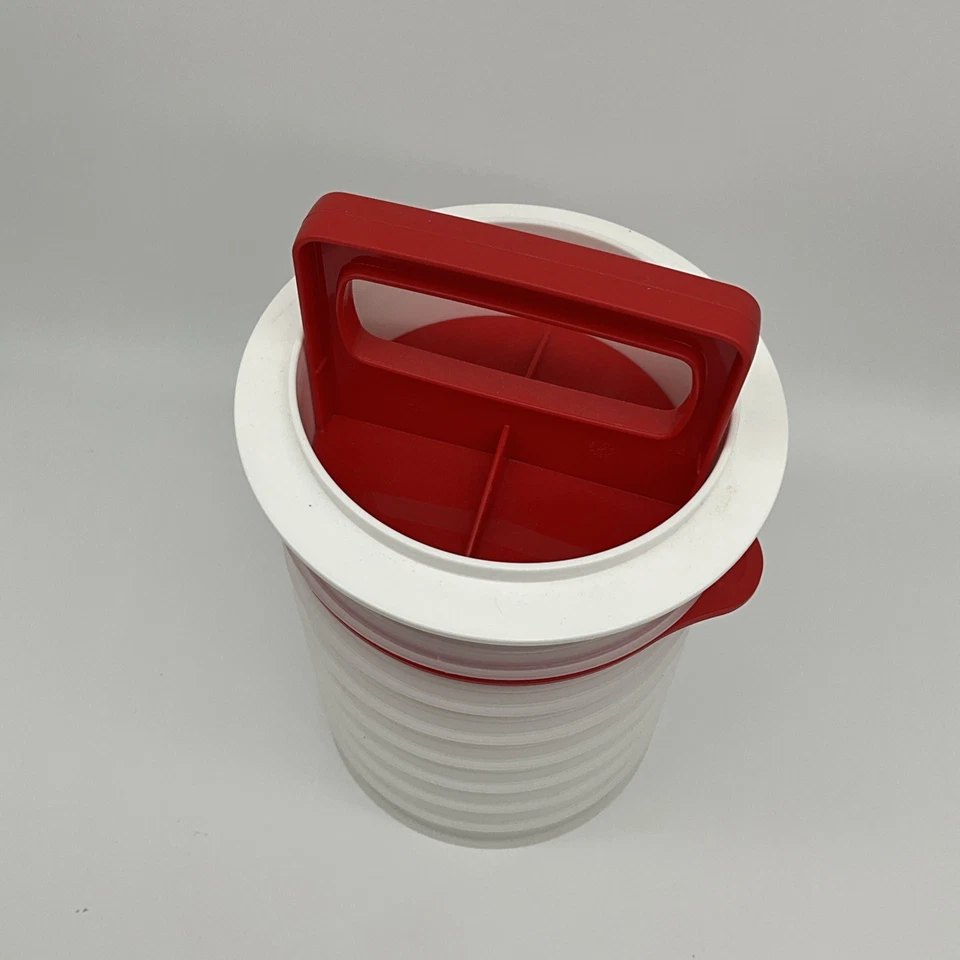 Tupperware Hamburger Press Patty Maker with 8 Freezer Keepers One Lid Red White - Image 3 of 4