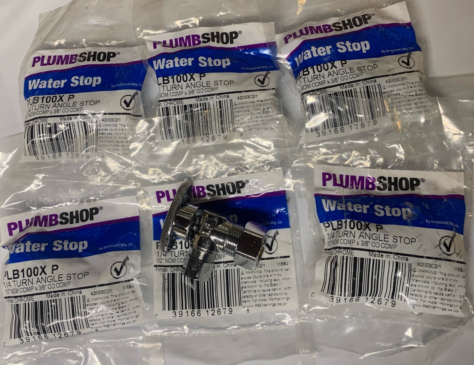 6 Pc Water Stop Valve.  1/2" Nominal Compression 3/8" Comp 1/4" Turn Angle Stop