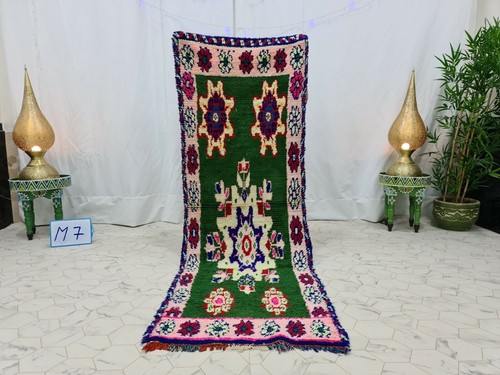 Tapis marocain vintage fait main 2'5"x7'4" berbère vert abstrait rose tapis - Photo 1 sur 12