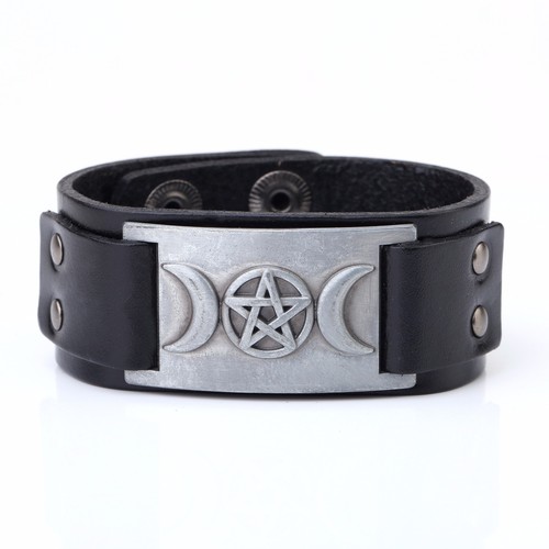 Bracciale in pelle tripla luna divinità pentagramma pentacolo bracciale wiccan - Foto 21 di 23