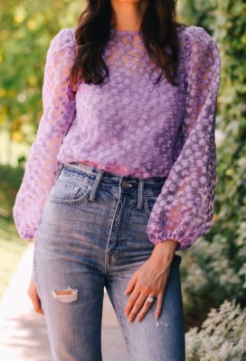 Happy Nature Embroidered Lavender Blouse Womens Long Sleeve Size S NEW