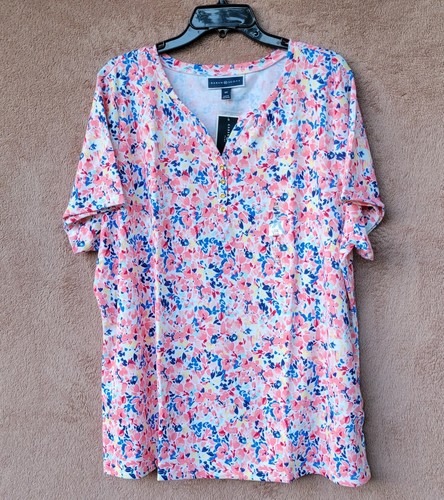 *NUOVO* Karen Scott divertente colorato floreale bianco top collo Henley manica corta - nuovo con etichette - Foto 20 di 23