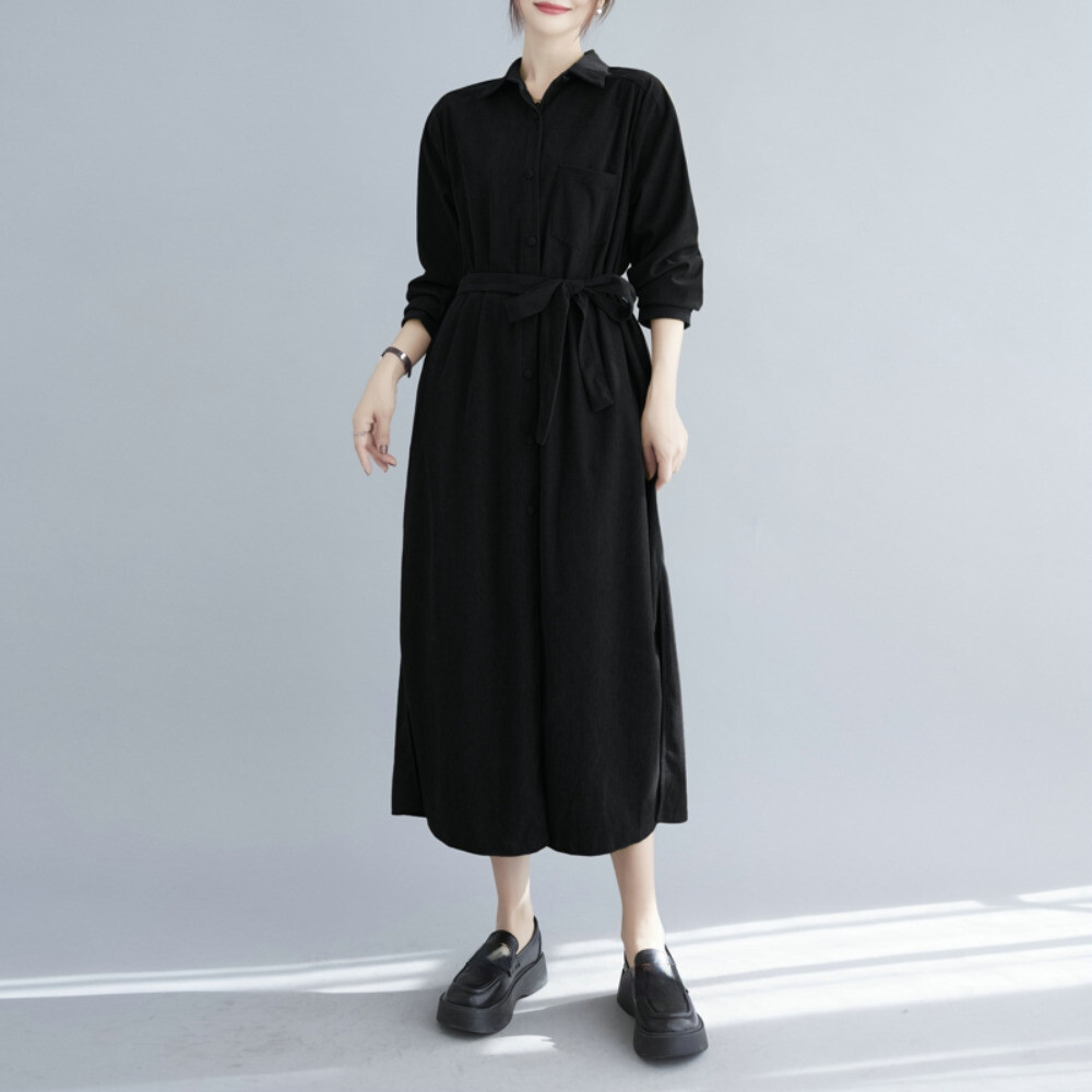 Women Corduroy Dress Long Sleeve Retro Collared A-line Slit