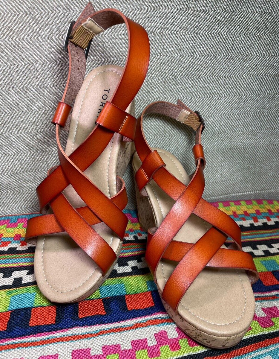 Womens Cork Wedge Burnt Orange Leather Strappy Ankle Torrid