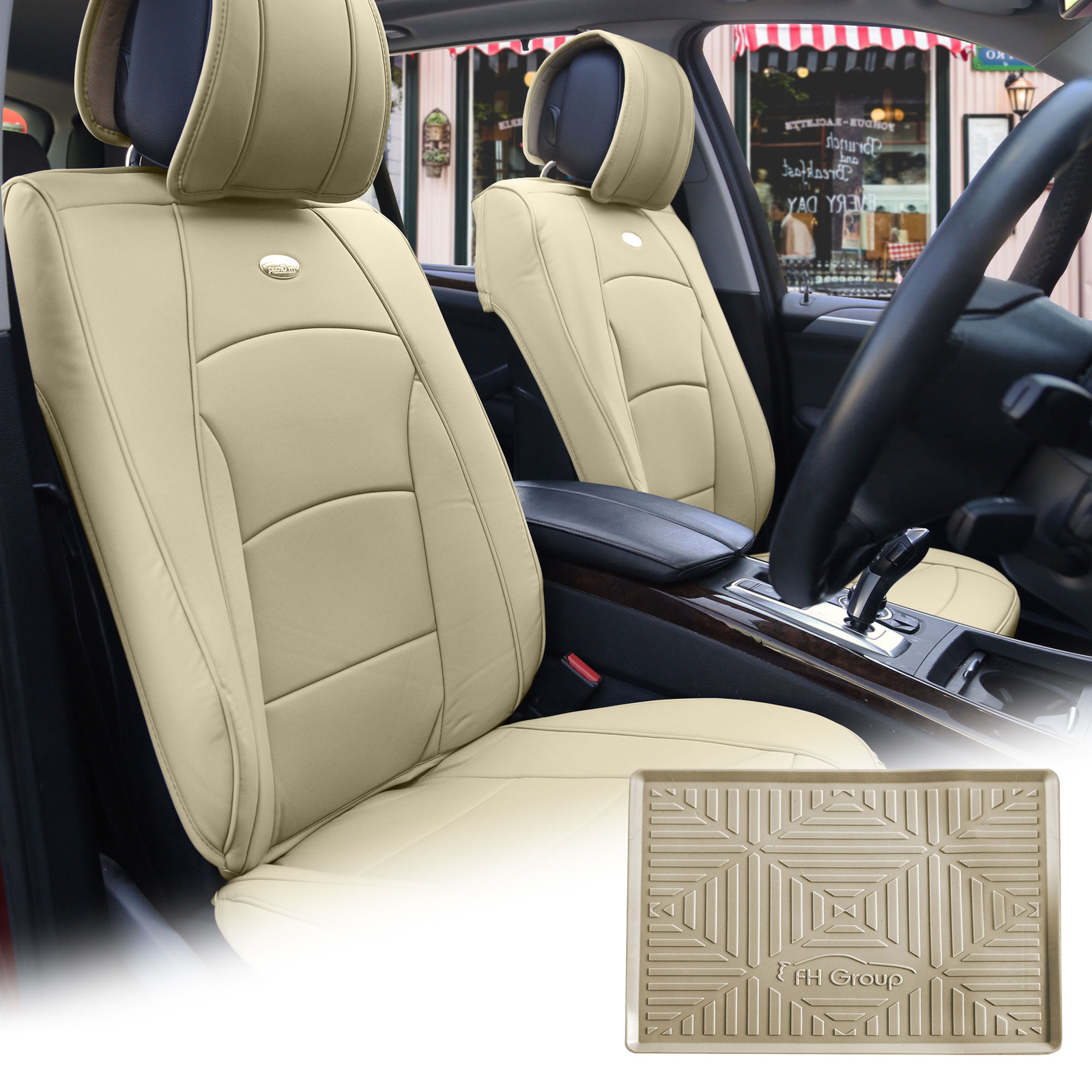 Car SUV Truck Leatherette Seat Cushion Covers Bucket Beige w/ Dash Mat For Car