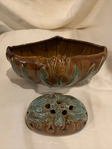 VAN BRIGGLE Pottery Bowl & Flower Frog Tulip Green Drip-MATCHED Signature Mint