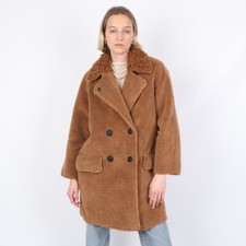 Bimba Y Lola Tan Brown Teddy Fleece Coat M Uk 12 Double Breasted Long Rrp £250