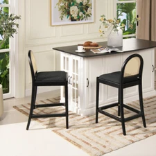 Panama 26.5" Curved Back Cane Rattan Counter Stool, Set of 2, Ebony Black Boucle