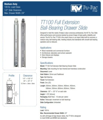 KNAPE & VOGT #TT100B-16'' DRAWER SLIDES, FULL EXTENSION, 100 POUNDS CAPACITY