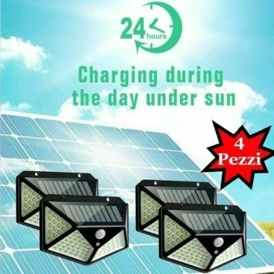 4PZ Lampada luce faro esterno energia solare 100 LED FARETTO sensore movimento