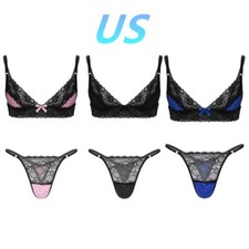 US Mens Sissy Sheer Lingerie Set Lace Bra Top  Skirt G-string Thong Underwear