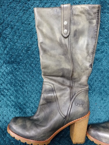 UGG JOSIE GREY DISTRESSED BOOTS FOLD OVER LEATHER SHEARLING INSOLE 1001643 7.5 - Picture 2 of 22