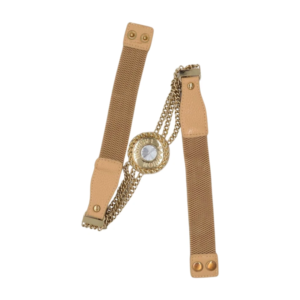 Women Beige Skinny Elastic Waistband Fashion Belt Gold Chain FASHION Buckle S M - Image 2 of 4