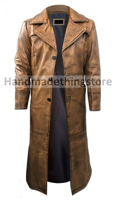 NEW Leather Trench Coat Long Coat For Men Genuine Lambskin Full Length  Coat