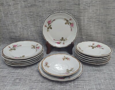 Wawel Poland Set of 13 Moss Rose Gold Edge China (7) Dessert Plates (6)  Saucers
