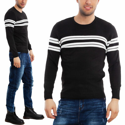 Pull Homme Slim Fit Pull Basic Moulant Encolure Ronde à Rayures - Main Image