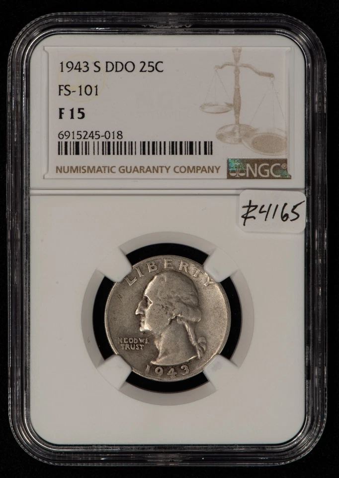 1943-S 25c Silver Washington Quarter - FS-101 DDO Variety - NGC F 15 - SKU-Z4165 - Image 2 of 4