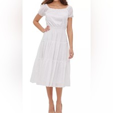 Tommy Hilfiger Tiered Midi Dress Sz 8 Square Neck White Strips Texture Dots