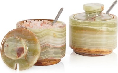 Marble Salt Cellar W/ Lid & Spoon 3'' Green Stone Salt Dish Kitchen Countertop