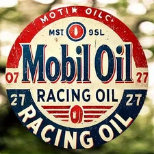 Vintage Mobil Oil Red White Blue Gas Station 8Inch Round Garage Man Cave Sign