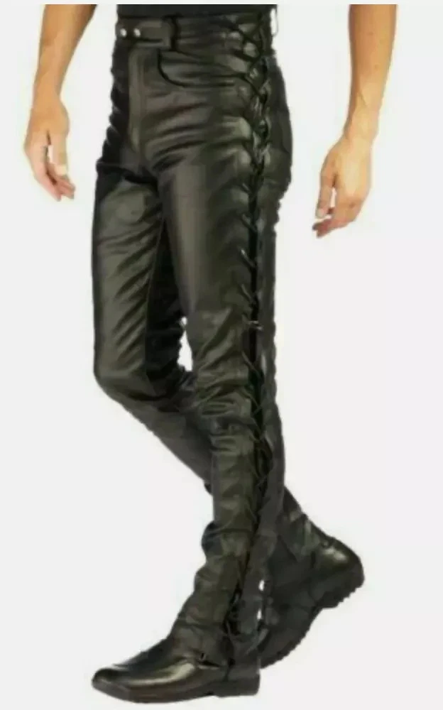 New Men's Genuine Black Lambskin Leather Bikers Laces Up Pants Original