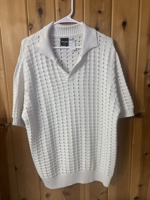 RSQ Tillys White Knit Polo Sweater Mens XL Short Sleeve Textured