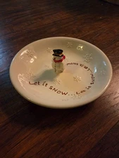Russ Handpainted Snowman Christmas Cracker Candy Appetizer Dish Let it Snow