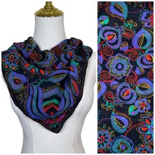 Vintage Square Scarf Black Multicolor Psychedelic Paisley Floral Retro 70s Boho